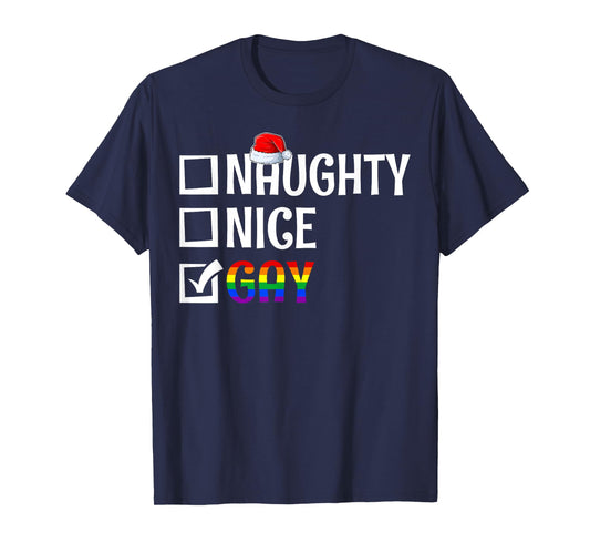 Naughty Nice Gay LGBTQ Gay Pride Flag Merry Christmas Pajama T-Shirt
