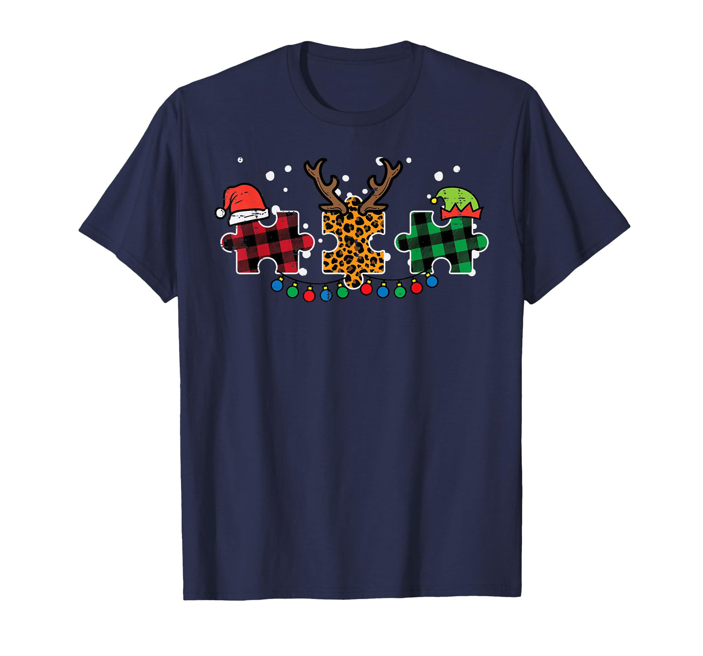 Christmas Leopard Plaid Puzzle Autism Xmas Men Women Kids T-Shirt