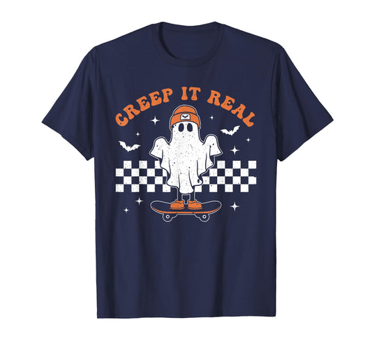 Creep it Real Ghost Skateboard Retro Cute Halloween Boy Girl T-Shirt