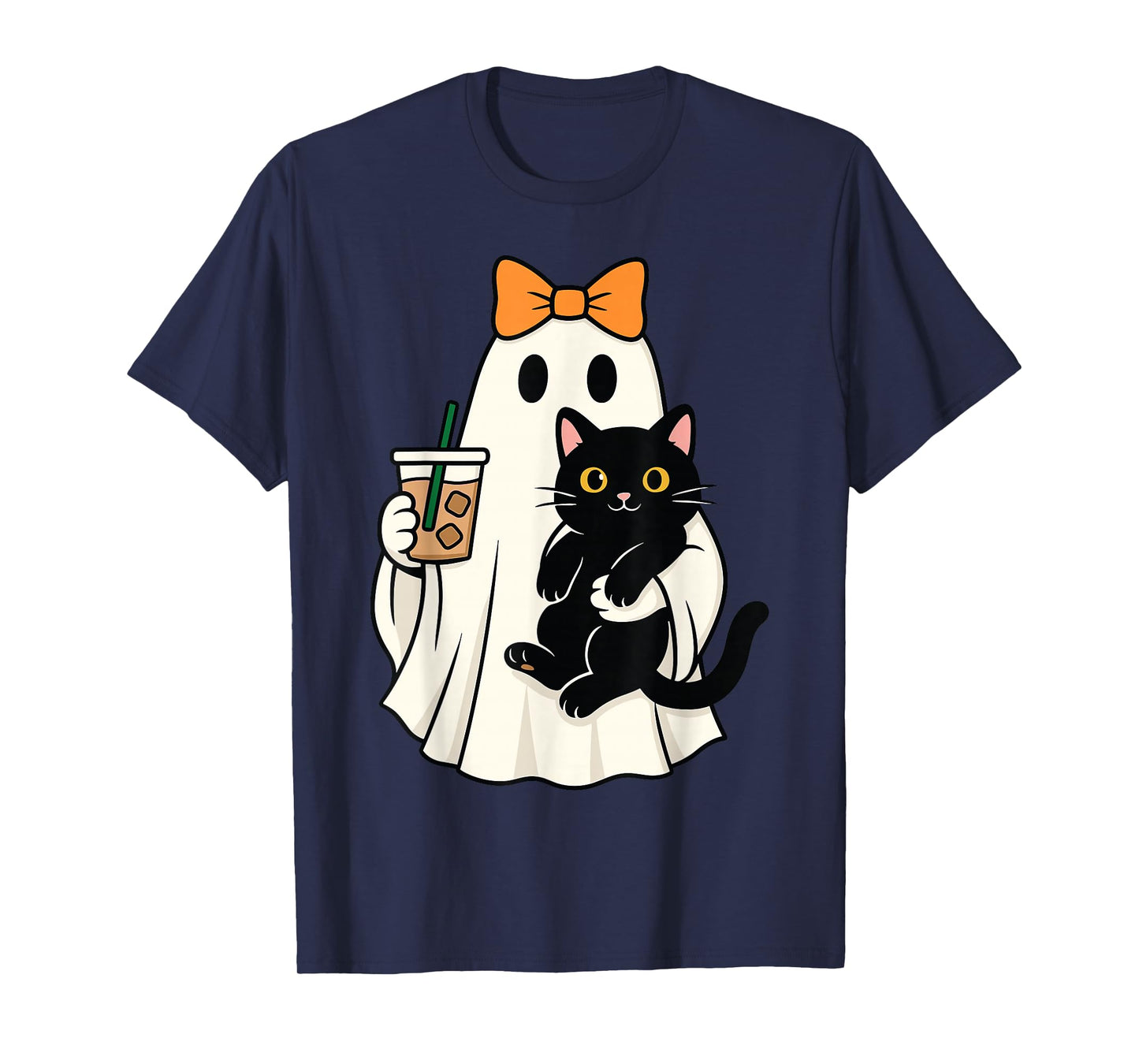 Cute Halloween Cat Ghost Drinking Coffee Ghost Women Girls T-Shirt