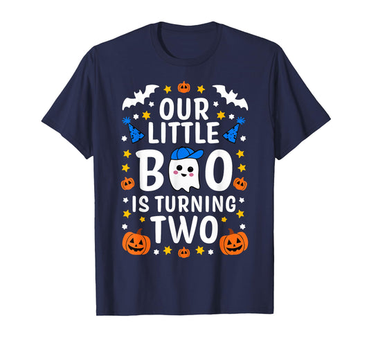 Our Little Boo Is Turning Two Yr 2nd Birthday Boy Halloween T-Shirt