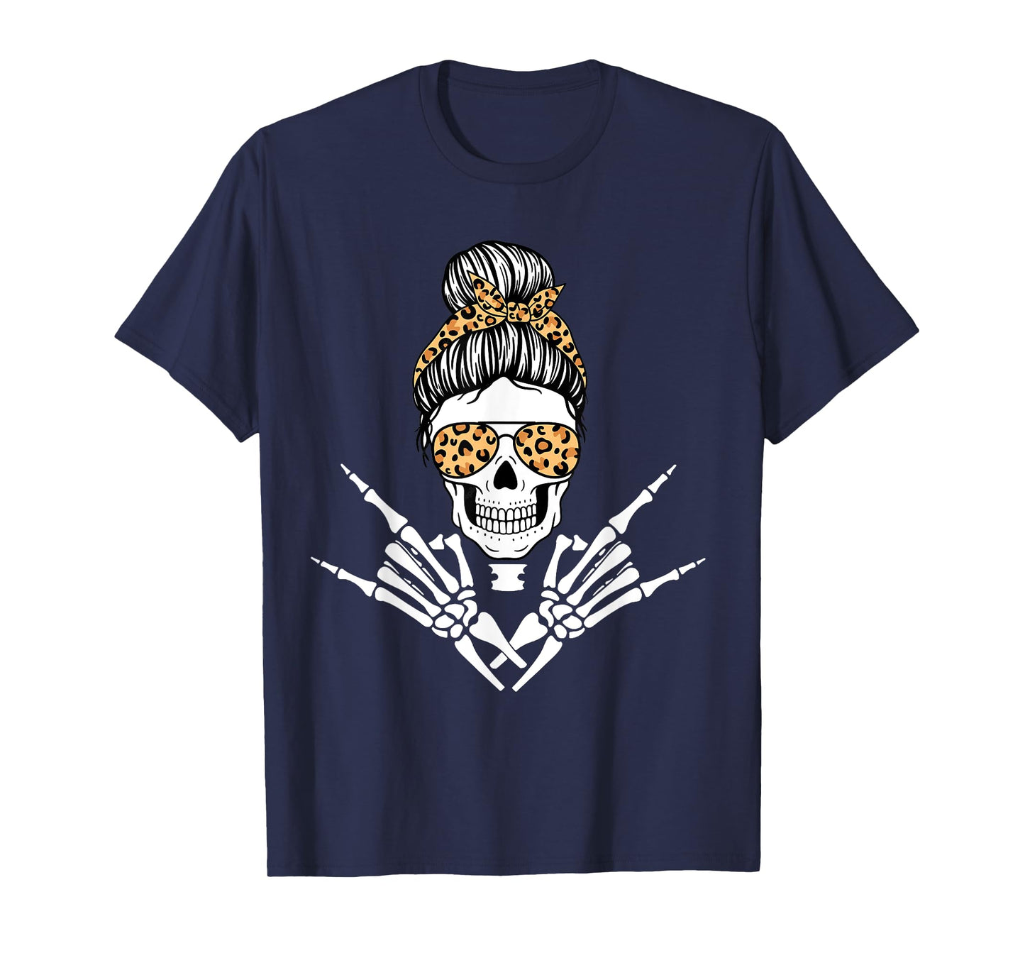 Rocker Skeleton Hand Rock On Leopard Messy Bun Halloween T-Shirt