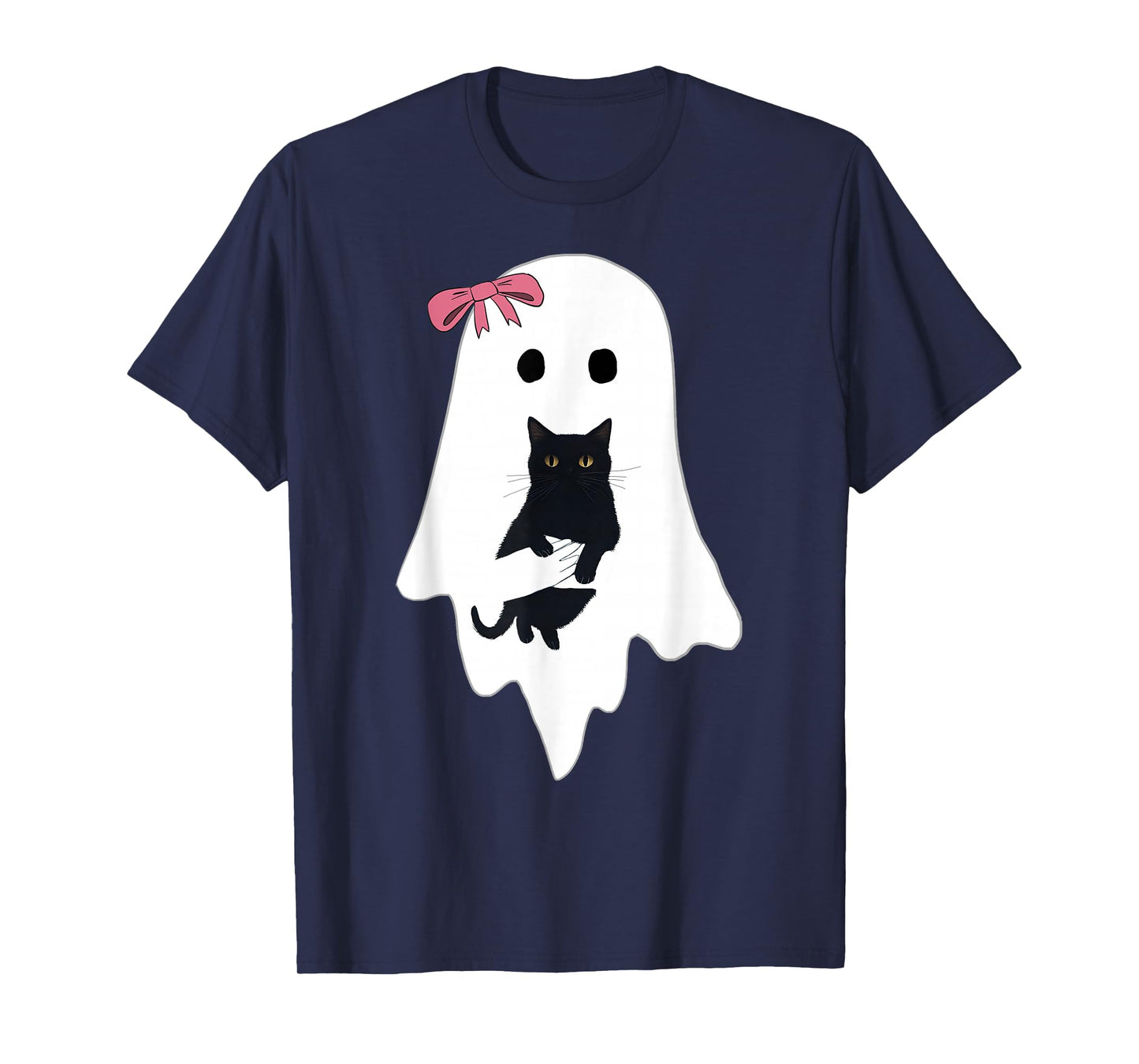 Cute Ghost Black Cat Pink Bow Funny Vintage Spooky Halloween T-Shirt