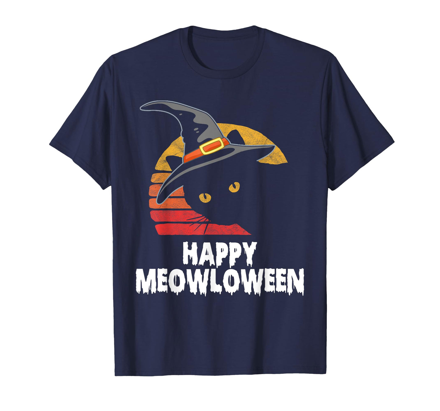 Happy Meowloween! Funny Cat Witch's Hat Halloween 80s Sunset T-Shirt