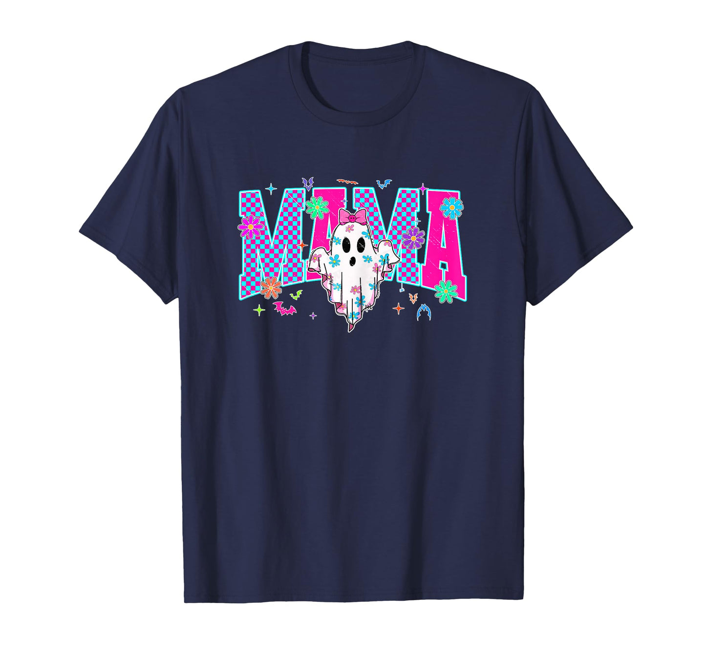 Neon Checkered Halloween Ghost Mama Costume Mommy Halloween T-Shirt