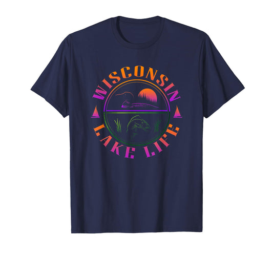 Wisconsin - Lake Life with Loon, Walleye, and Sunset T-Shirt