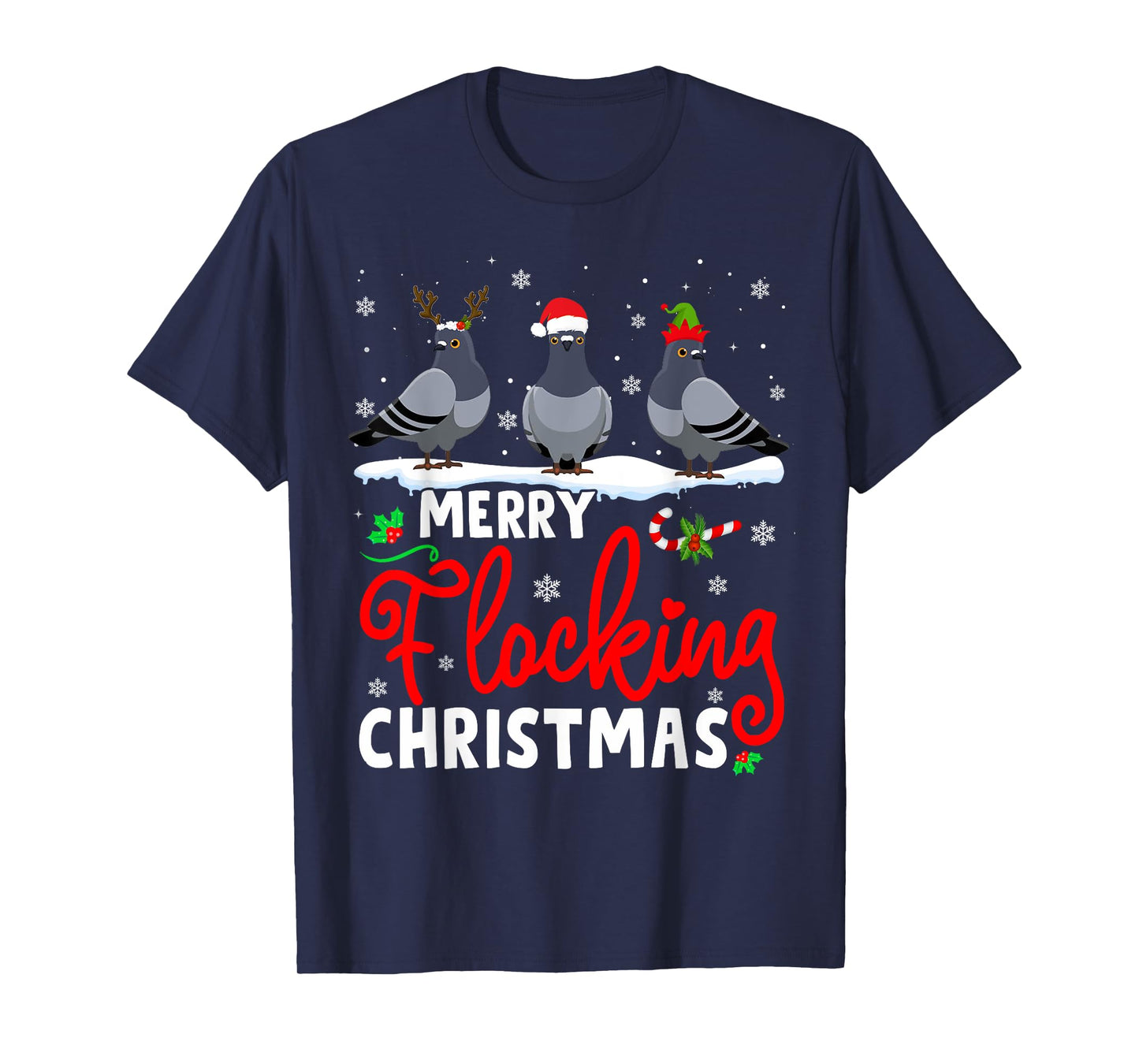 Merry Flocking Christmas Reindeer Santa ELF Pigeon Xmas T-Shirt
