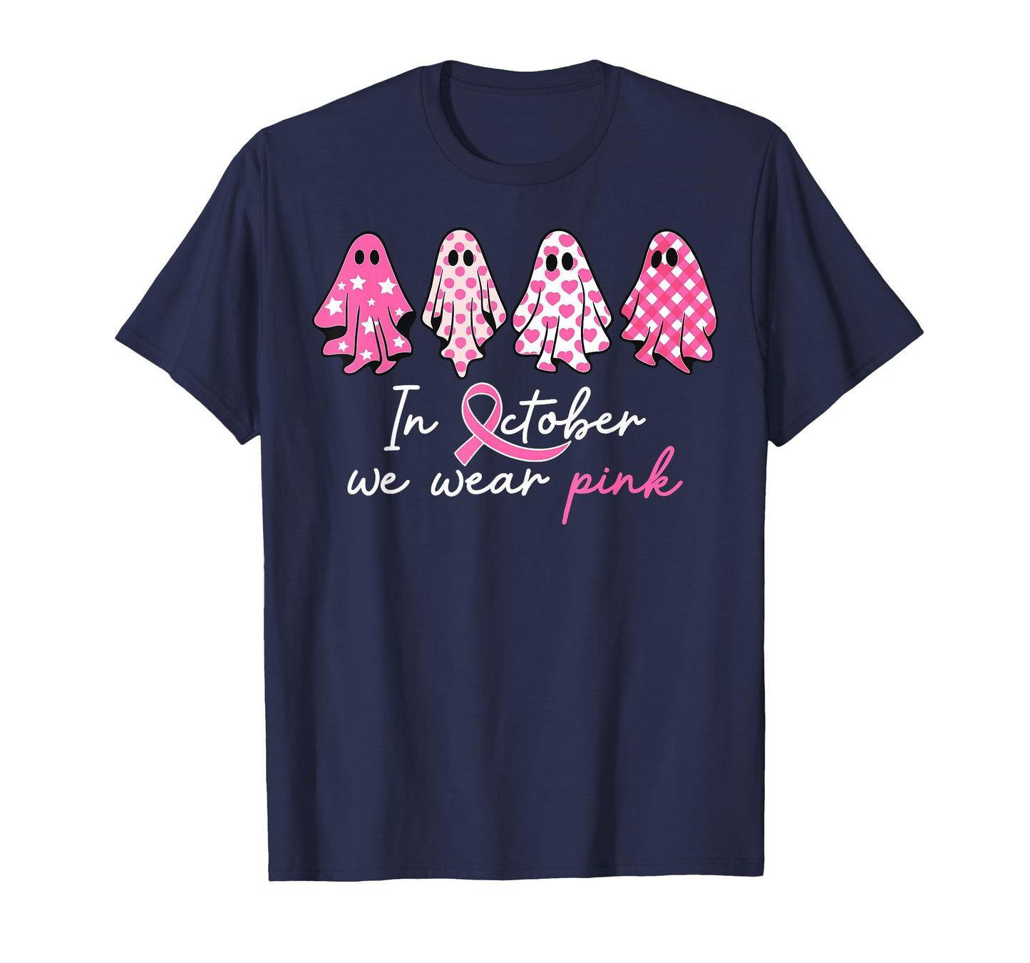 in October We Wear Pink Ghost Witch Breast Cancer Awareness T-Shirt