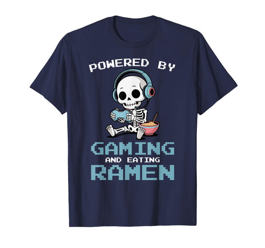 Gaming Powered by Gaming and Ramen Funny Skeleton Gamer T-Shirt