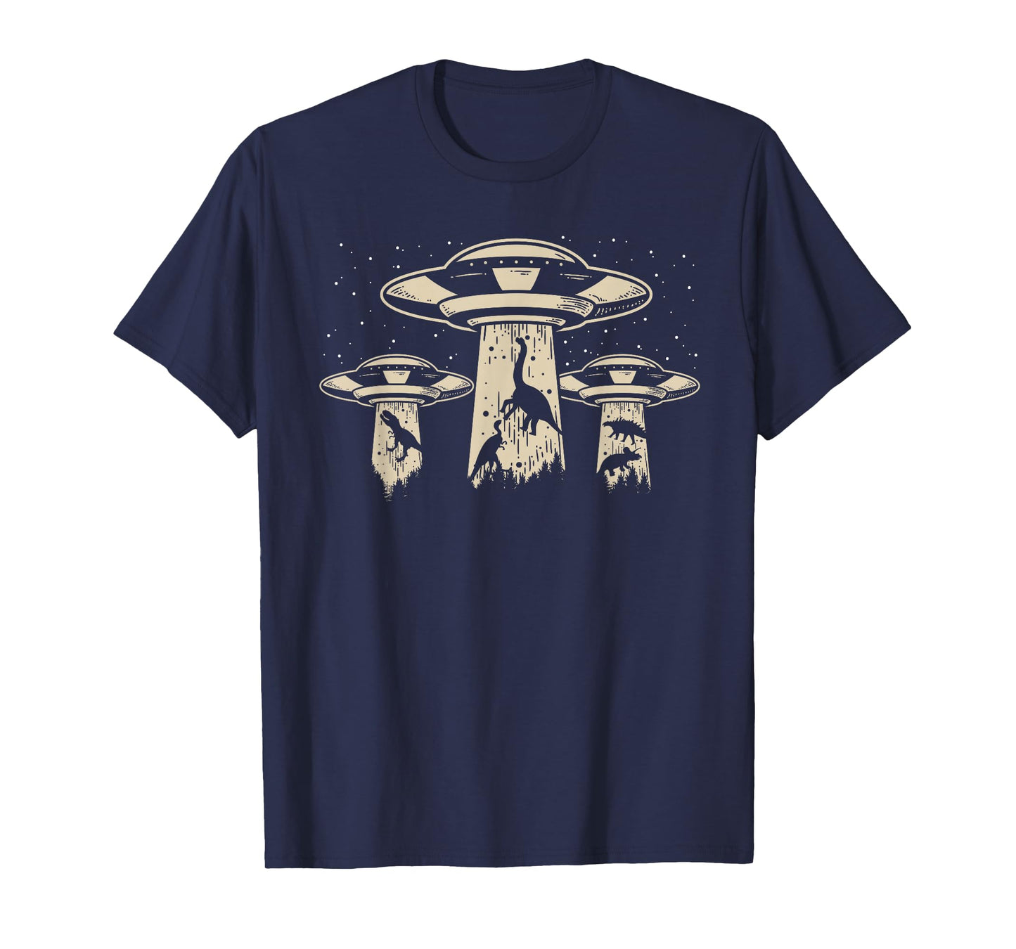 Wowsome! Alien UFO Abduction Dinosaur T-Shirt - Unisex-Adults/Kids - Black - Short Sleeve - Classic Fit - Cotton/Polyester - Machine Wash - Small
