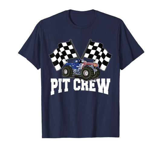 Pit Crew USA Monster Truck Racing Party And Checked Flag T-Shirt
