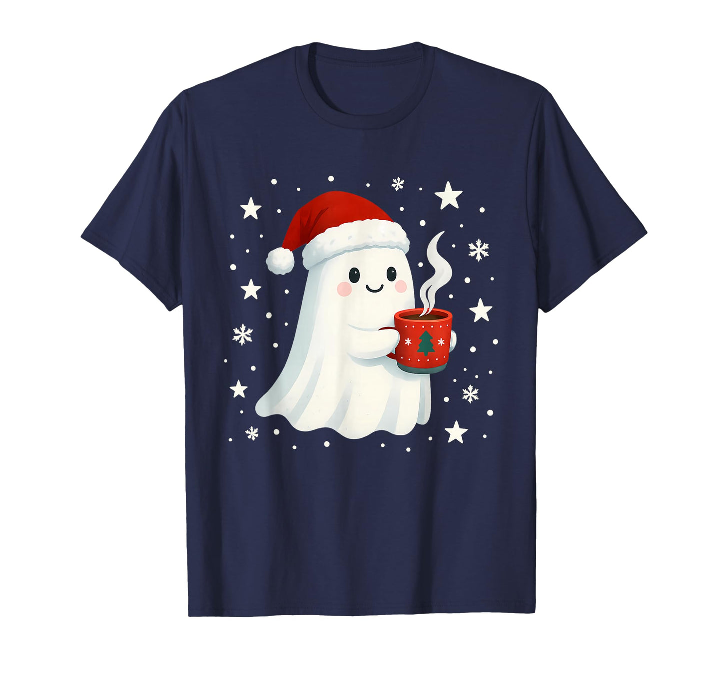 Cute Christmas Ghost with Hot Cocoa Santa Hat Winter Holiday T-Shirt