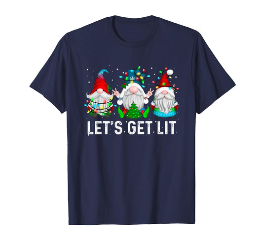 Let's Get Lit Funny Gnome Christmas Drinking Xmas Lights T-Shirt