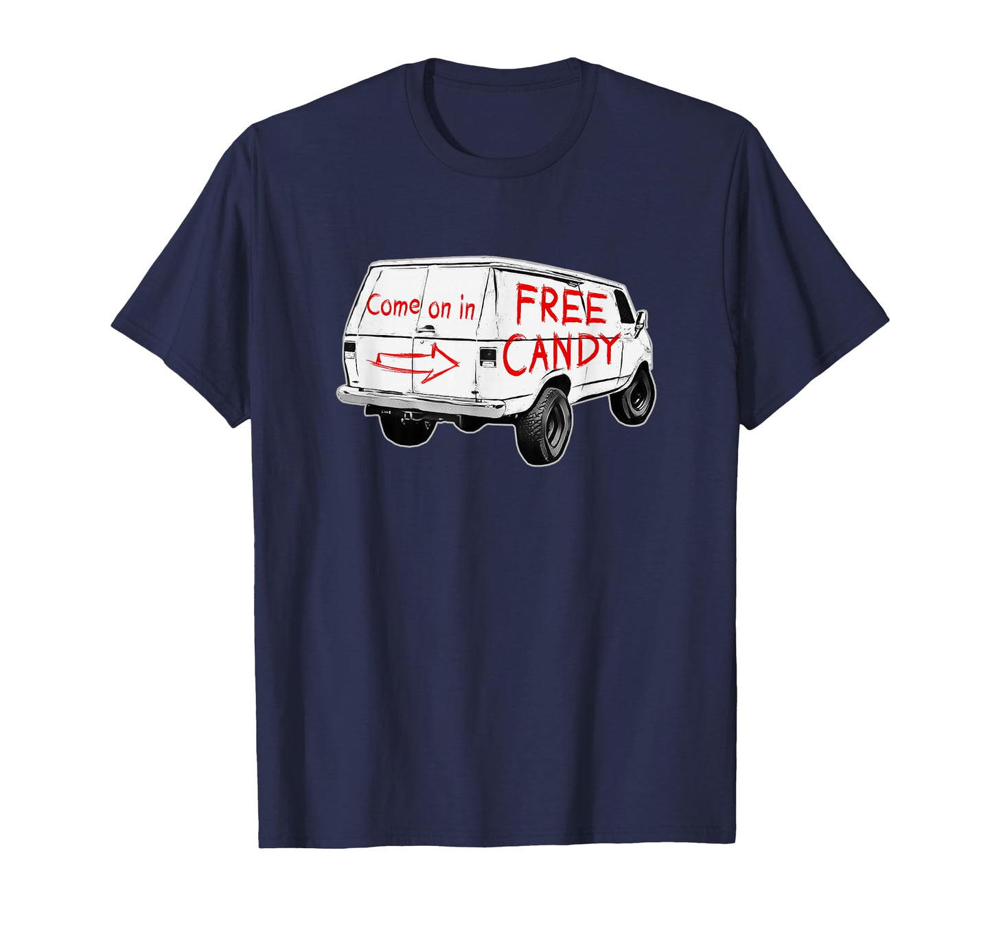 Redds Threads Unisex-Adults T-Shirt - Free Candy - Come On In - Creepy Van - Black - Small - Short Sleeve - Modern - Humorous Design
