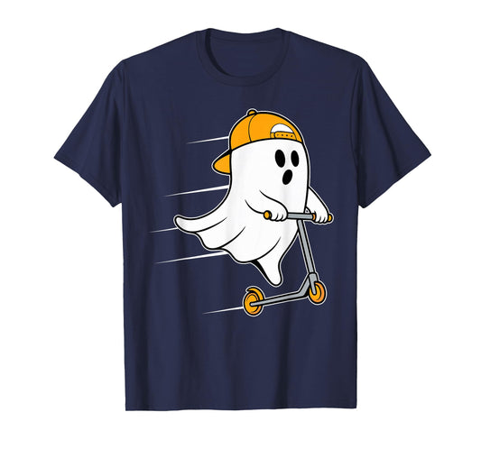 Funny Ghost Playing Stunt Scooter Halloween Costume Day Boys T-Shirt