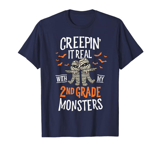 Creepin It Real With My 2nd Grade Monsters Halloween Teacher T-Shirt for Men Women Kids