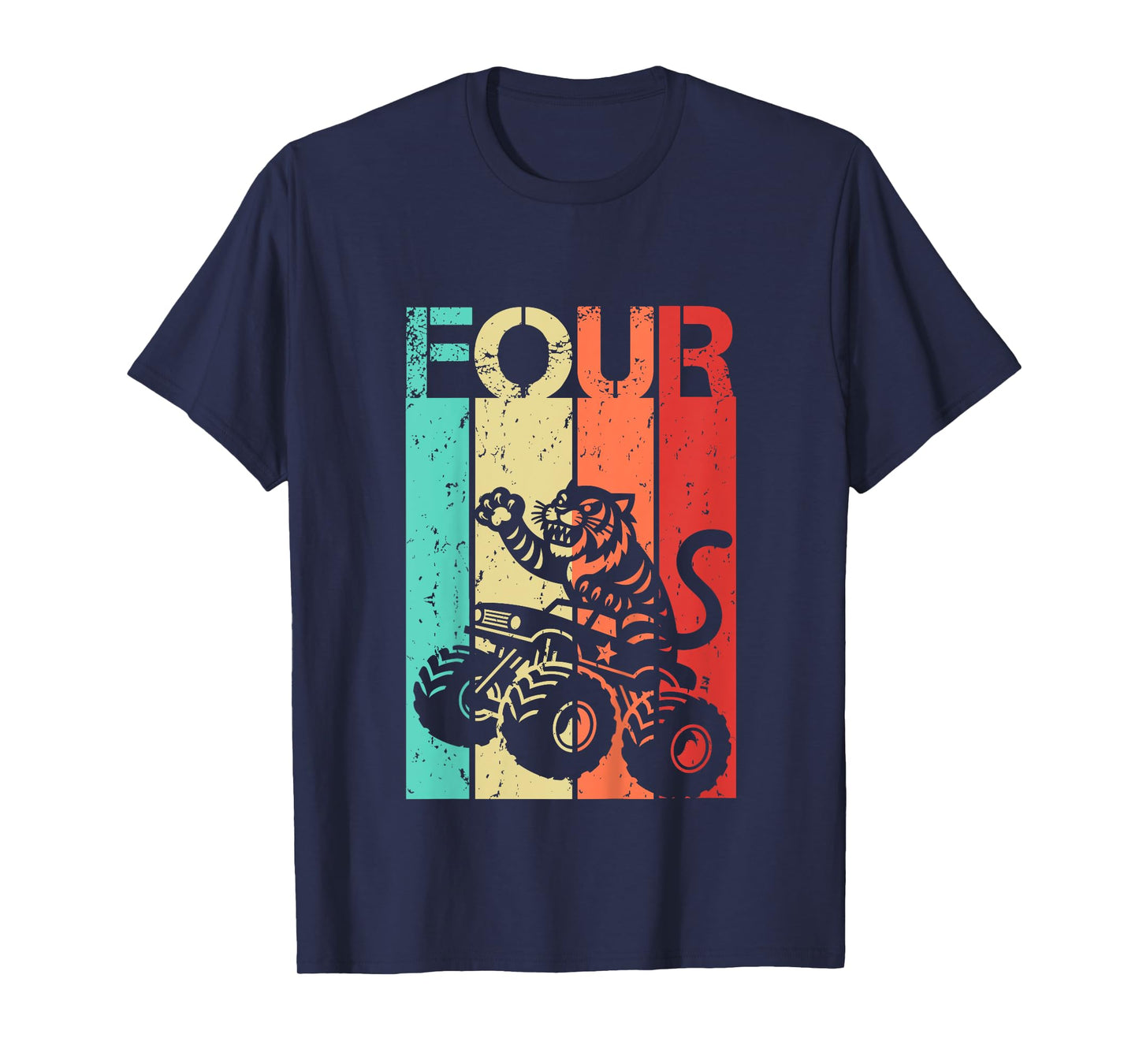 Kids 4th Birthday Boy Girl 4 Year Old Tiger And Monster Truck T-Shirt