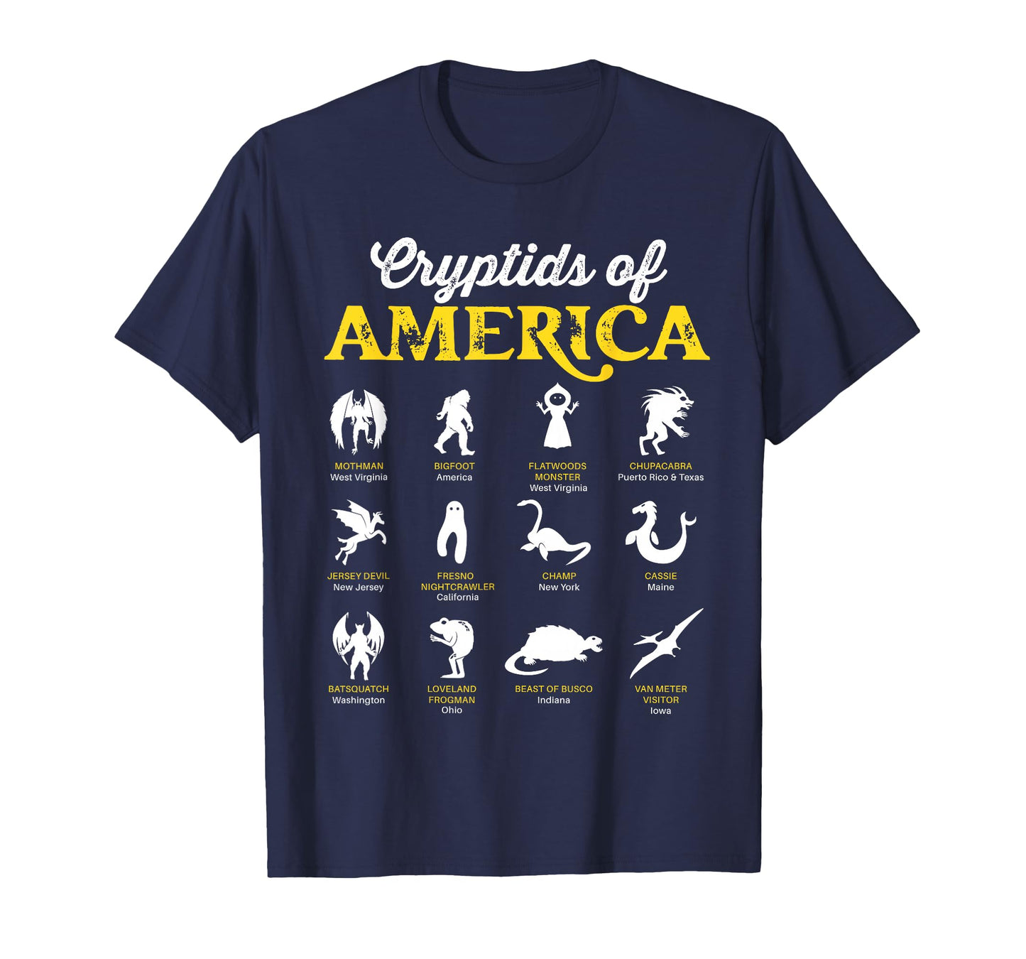 Cryptids of America Mothman Chupacabra Frogman Jersey Devil T-Shirt