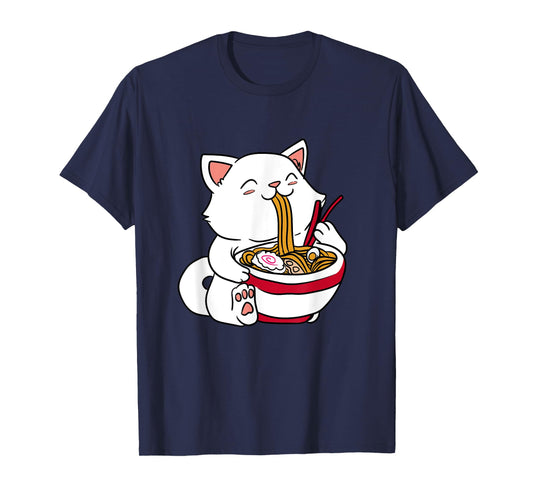 Brand Kawaii Cat Eating Ramen Noodles Japanese Food Anime T-Shirt