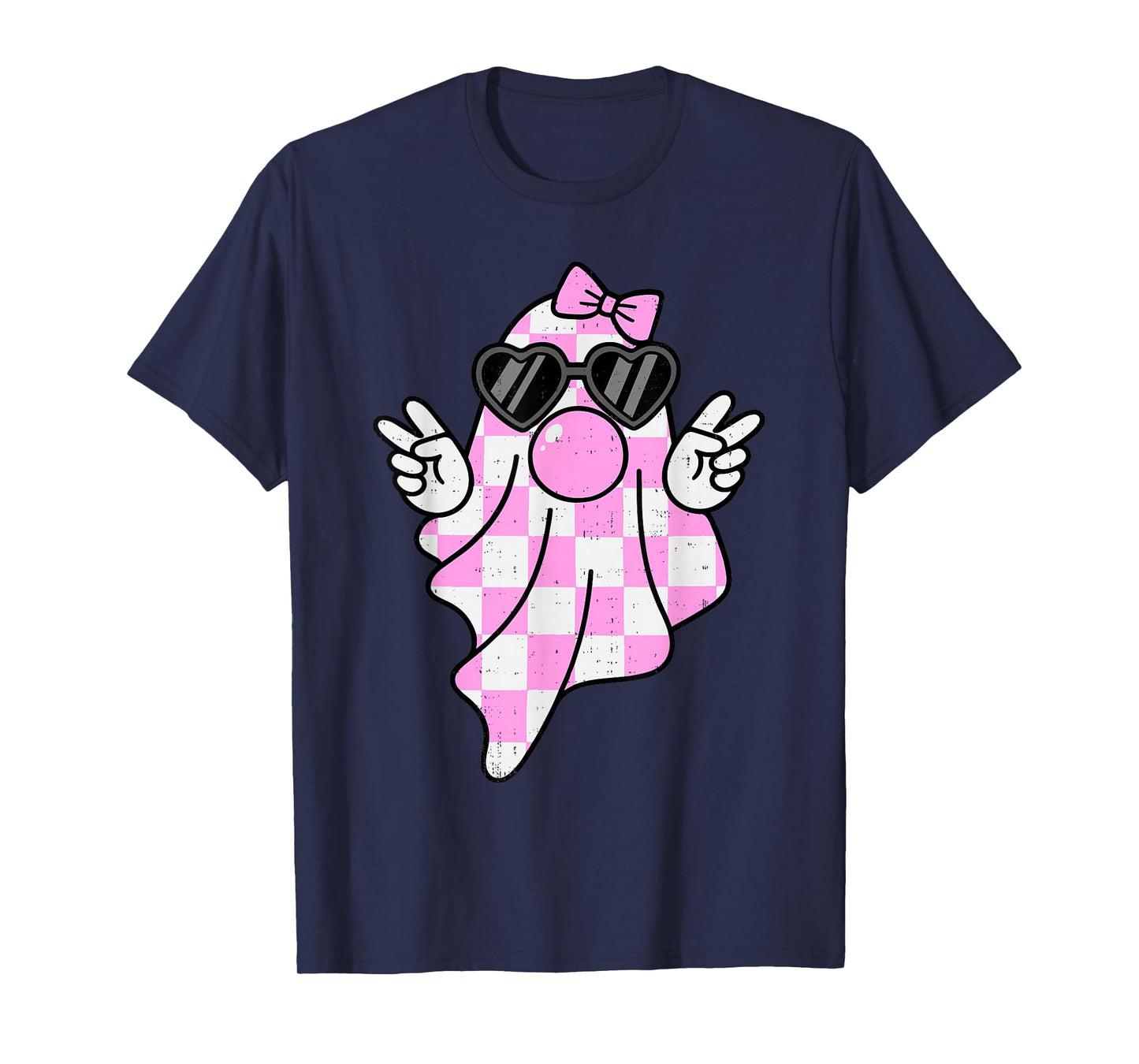 Cute Pink Plaid Ghost Bubblegum Peace Sign Halloween Girl T-Shirt