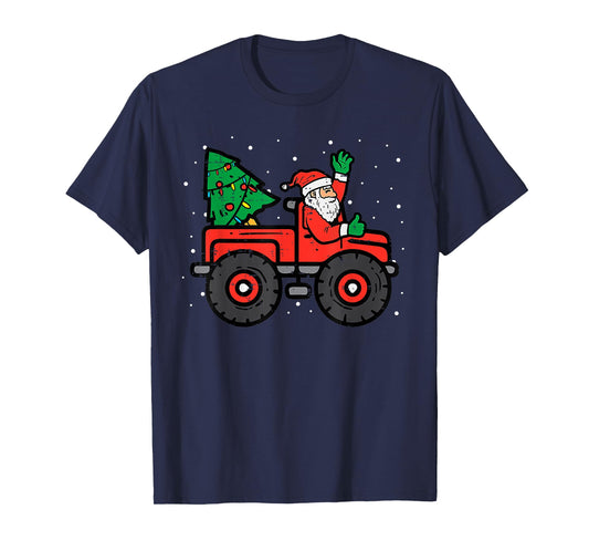 Santa Riding Monster Truck Christmas Tree Lights Kid Toddler T-Shirt