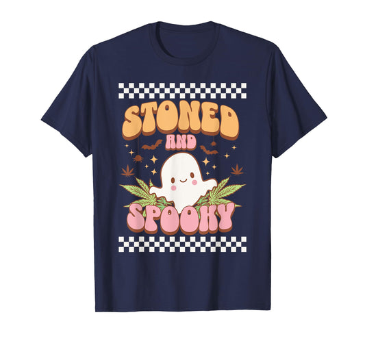 Retro Stoned and Spooky Ghost Weed Leaf Cannabis Halloween T-Shirt