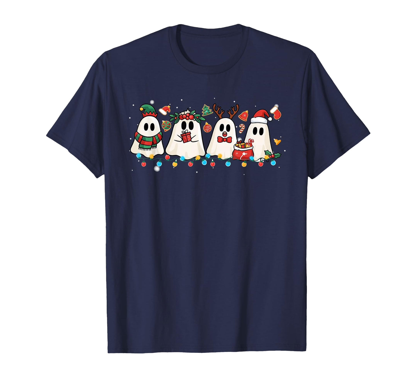 Cute Ghost Lights Tree Cake Merry Christmas Funny Xmas T-Shirt