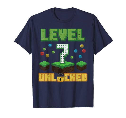 Level 7 Unlocked Pixel Gamer 7th Birthday Gaming Boys Kids T-Shirt