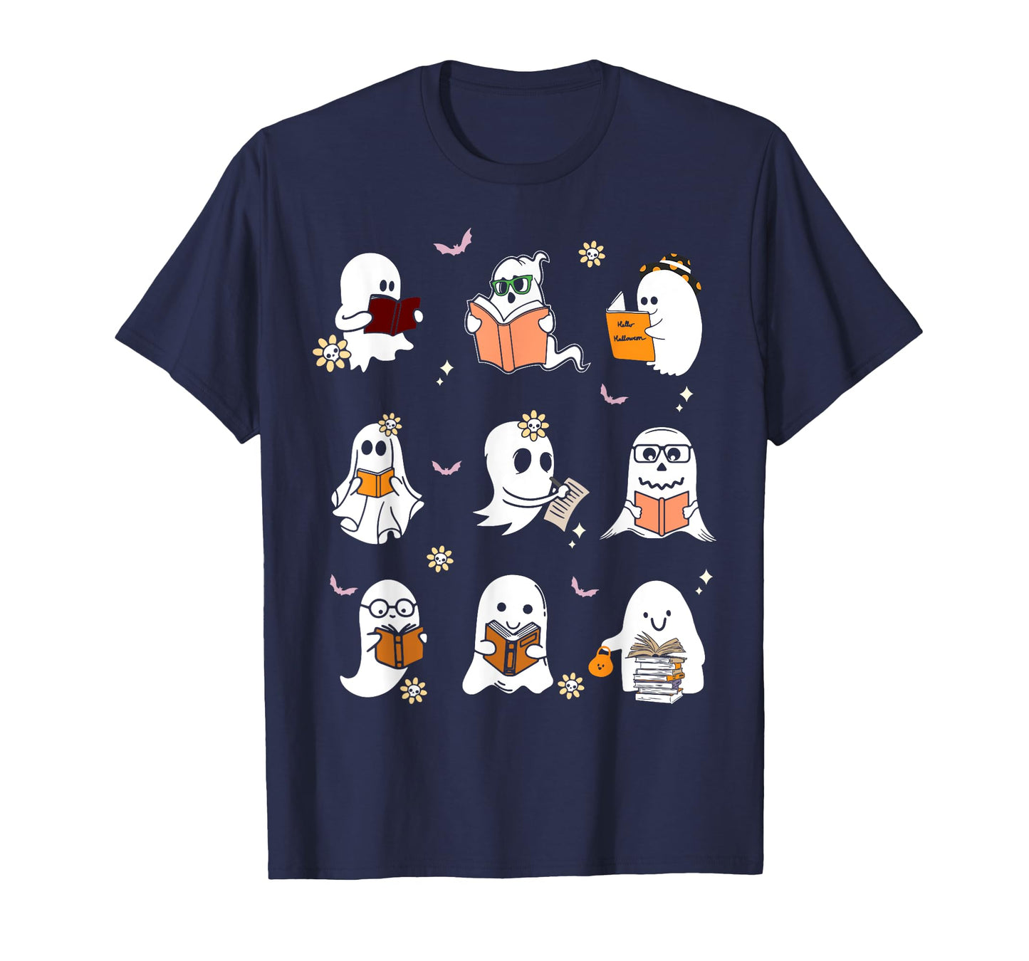 Ghosts Reading Books Teacher Halloween Librarian Boooks Men Women Kids T-Shirt