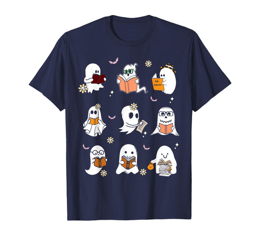 Ghosts Reading Books Teacher Halloween Librarian Boooks Men Women Kids T-Shirt