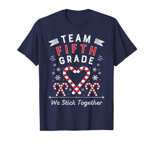 Team Fifth Grade Christmas Candy Cane Heart Xmas 5th Teacher T-Shirt for Men Women Kids