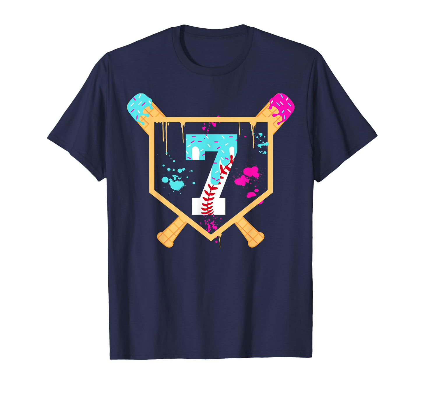 Baseball 7 Year Old Ice Cream Drip 7th Birthday Boy 7 T-Shirt