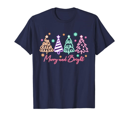 Merry and Bright Tree Neon Christmas T-Shirt