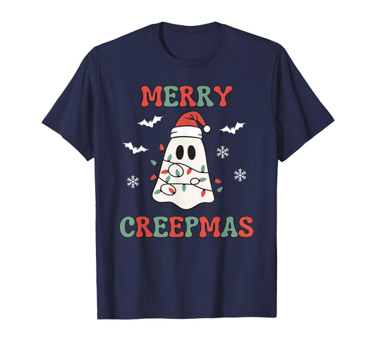Merry Creepmas Christmas Ghost Wrapped in Lights Cute Kawaii T-Shirt