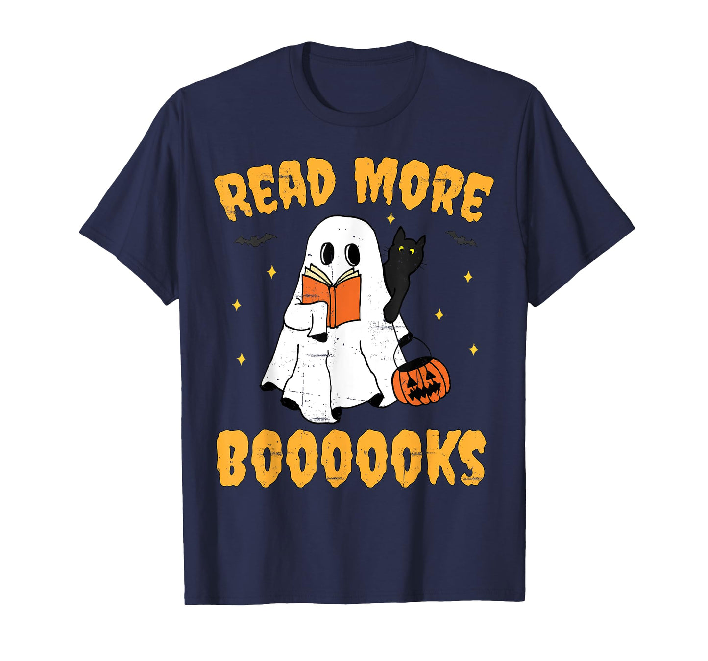 Vintage Cute Ghost Read More Books Black Cat Bats Pumpkin T-Shirt