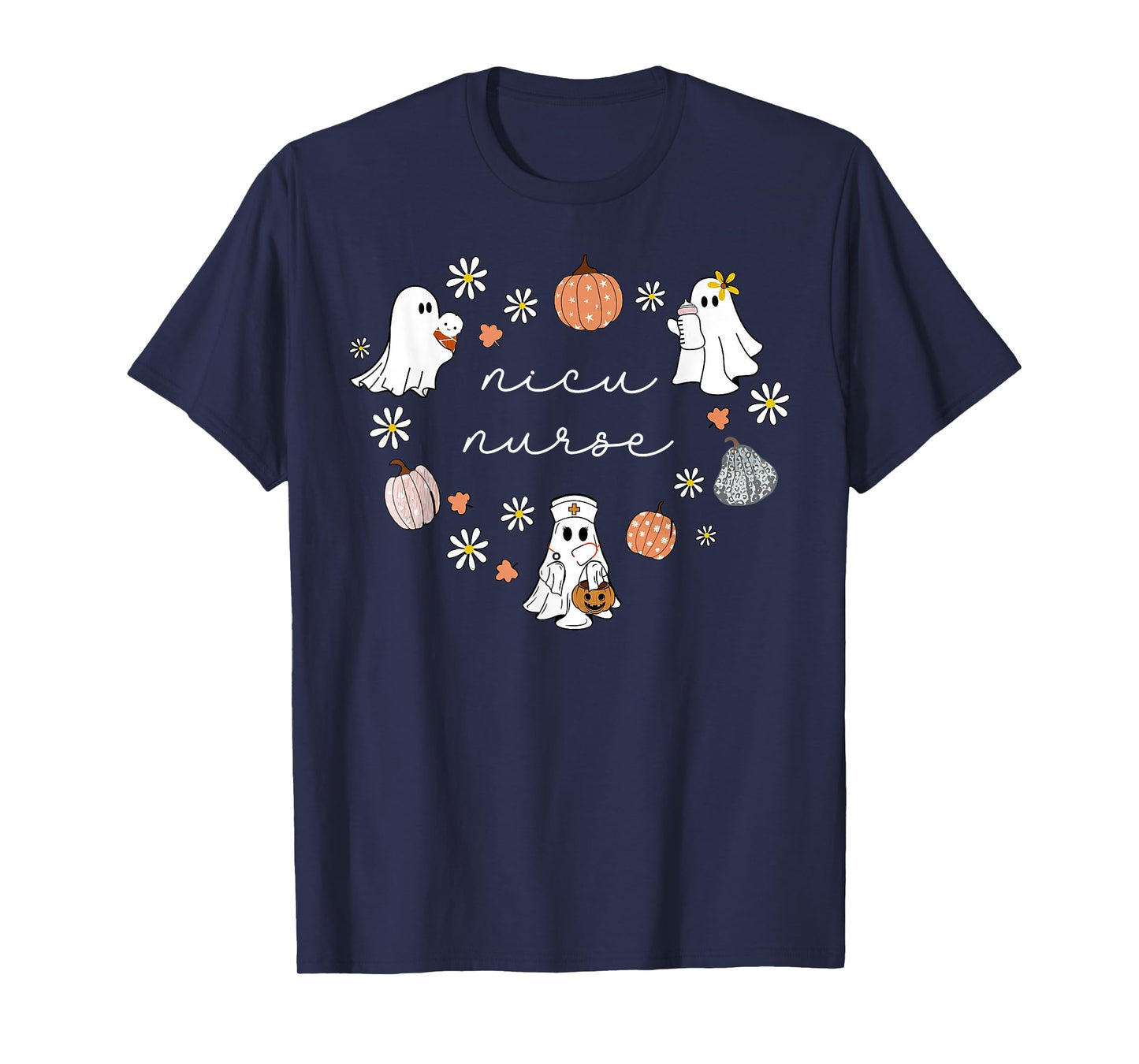 NICU Nurse Halloween Ghosts Pumpkin Floral Fall Neonatal ICU T-Shirt