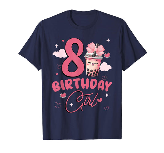 Happy 8th Birthday Girl Cute Pink Bow Bubble Boba Tea Anime T-Shirt