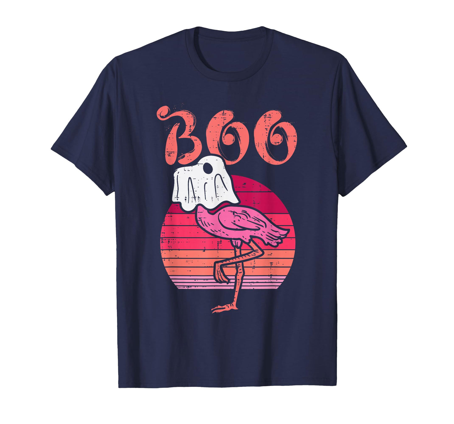 Flamingo Ghost Boo Pink Sunset Retro Halloween Bird Animal T-Shirt