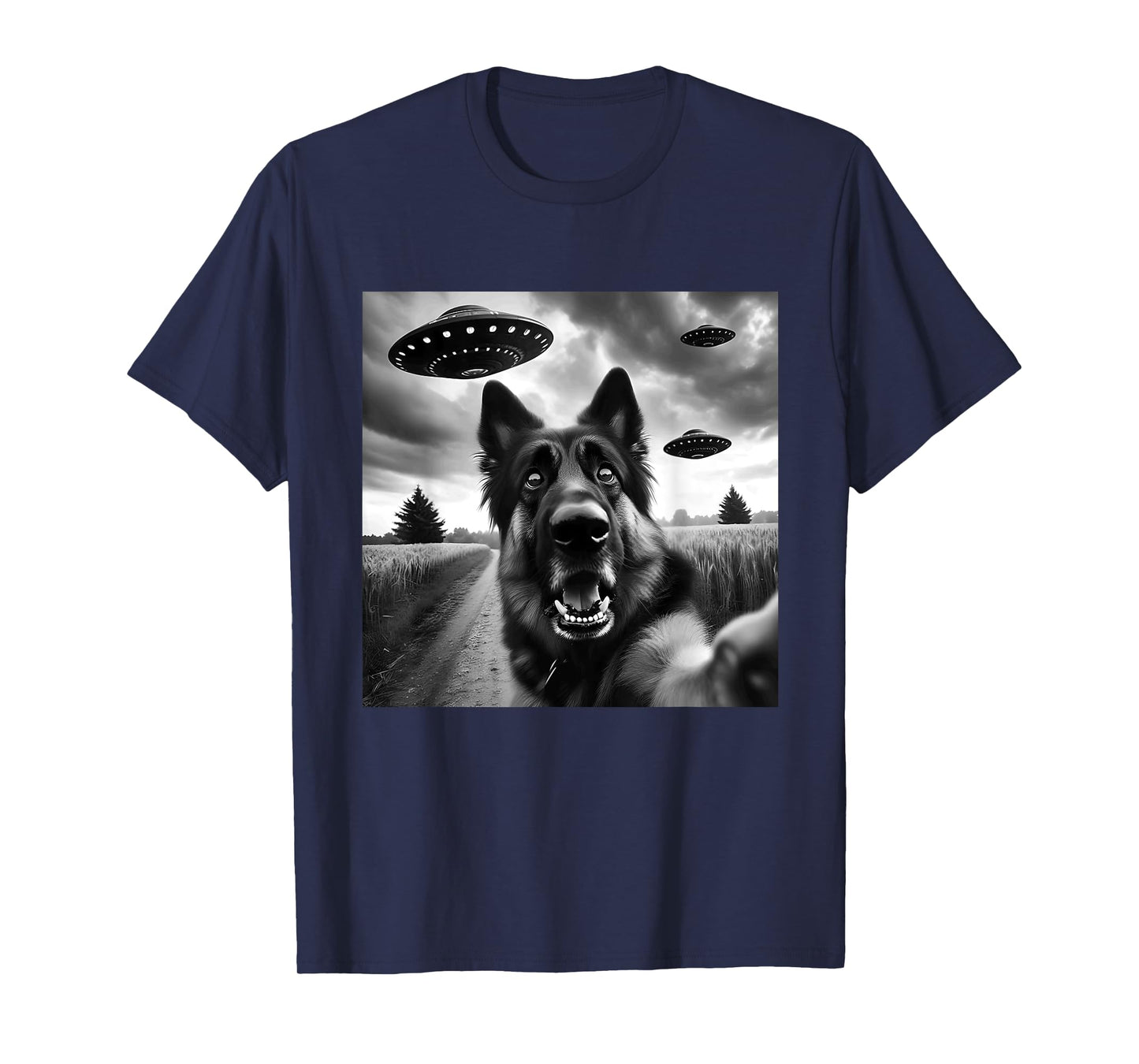 German Shepherd Funny GSP Selfie with UFOs Weird Aliens T-Shirt