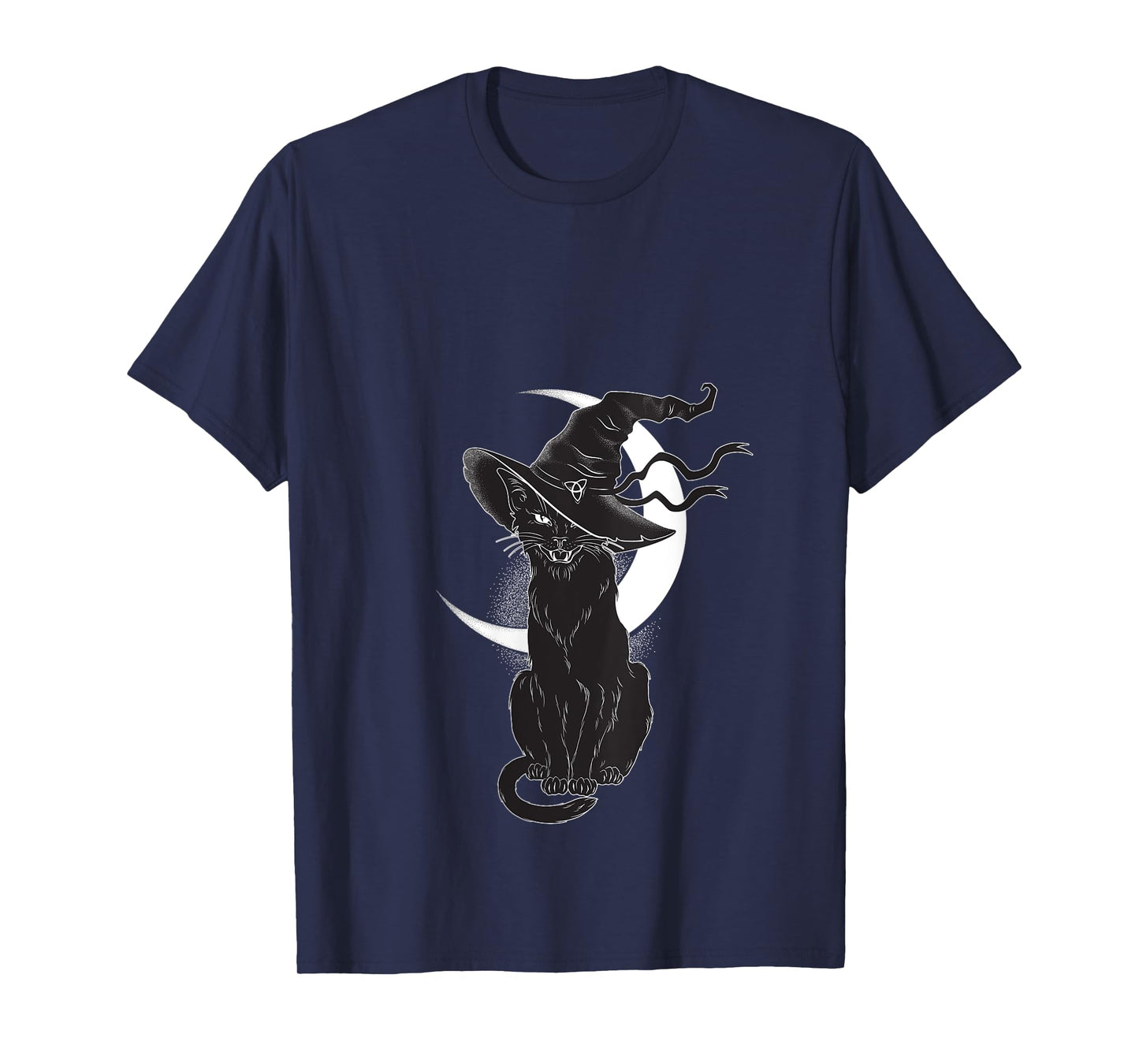 Womens Vintage Scary Halloween Black Cat Costume Witch Hat & Moon V-Neck T-Shirt