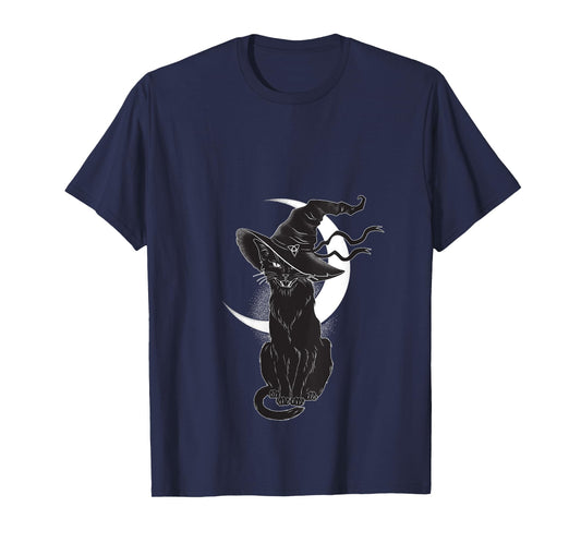 Womens Vintage Scary Halloween Black Cat Costume Witch Hat & Moon V-Neck T-Shirt