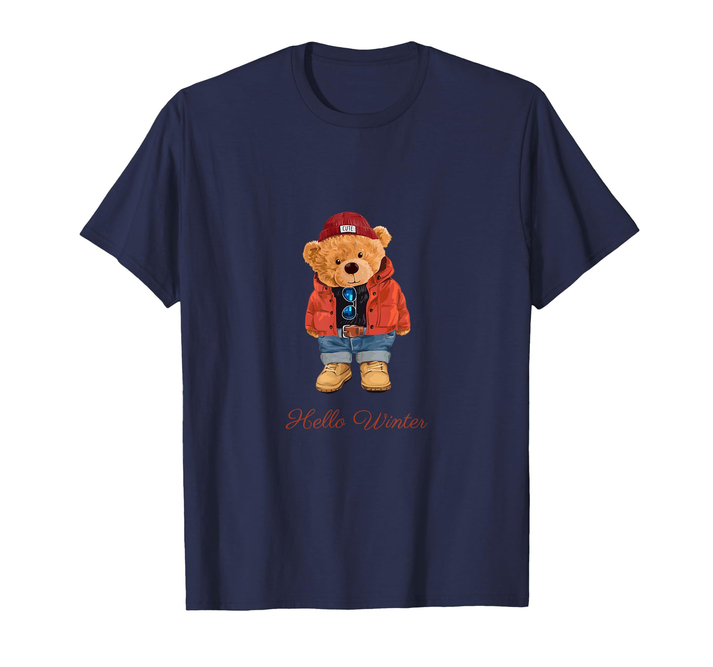 Hello Winter Cool Teddy Bear Cartoon Graphic Designs Fun T-Shirt