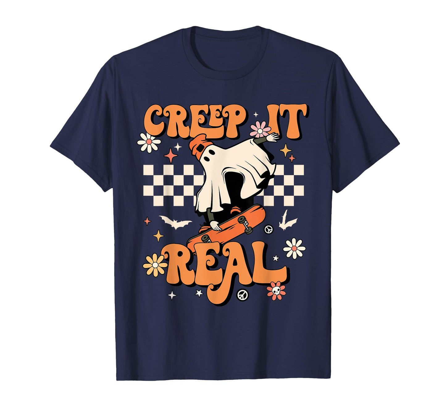 Creep It Real Retro Halloween Party Funny Ghost Skateboard T-Shirt