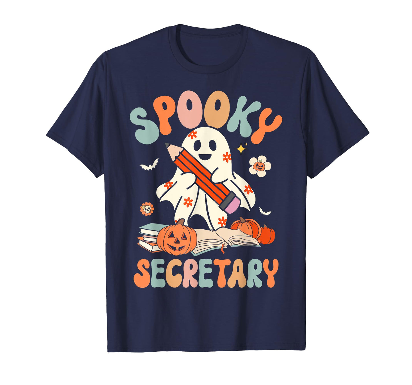 Spooky School Secretary Groovy Halloween Floral Ghost T-Shirt