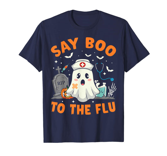 Funny Ghost Pharmacist Halloween Vaccine Say Boo to The Flu T-Shirt