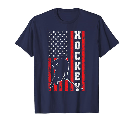 Hockey American USA Flag Men Boys 4th of July Hockey T-Shirt