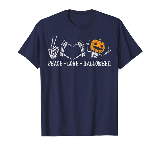 Skeleton Peace Love Pumpkin Funny Halloween Men Women Kids T-Shirt