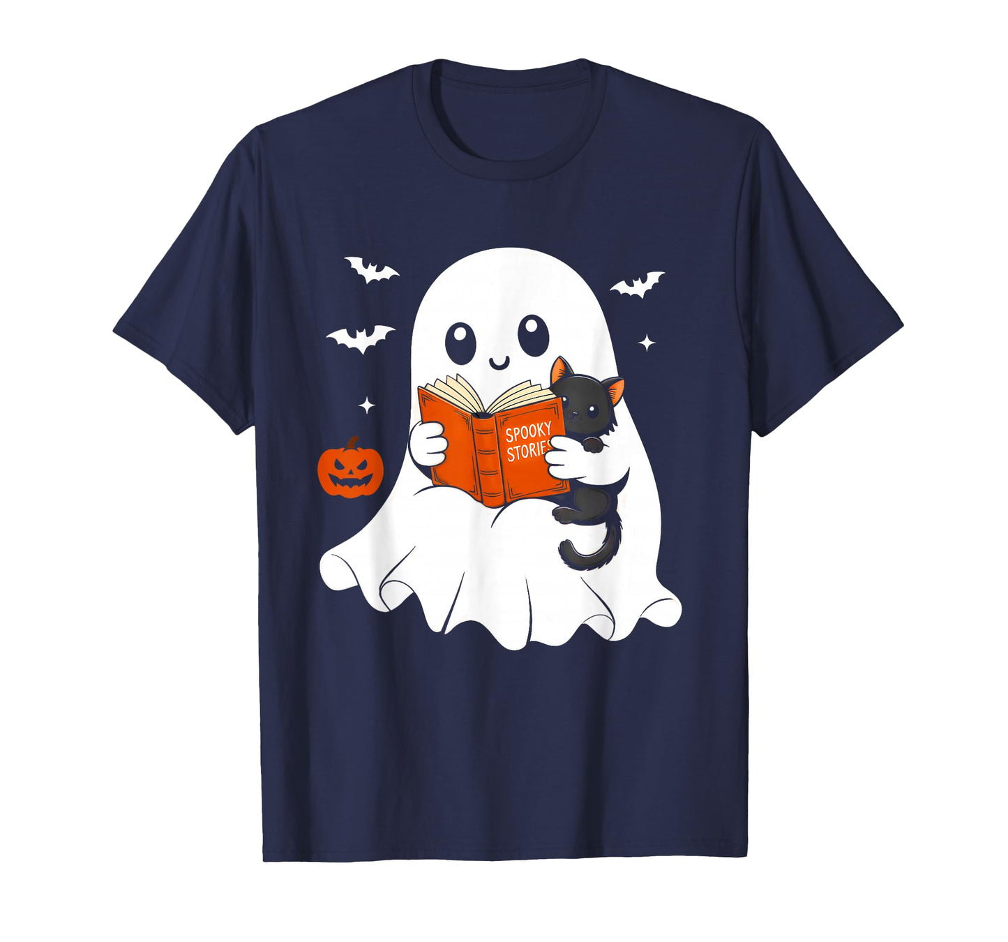 Ghost Reading Book Black Cat Halloween Costume Men Women T-Shirt