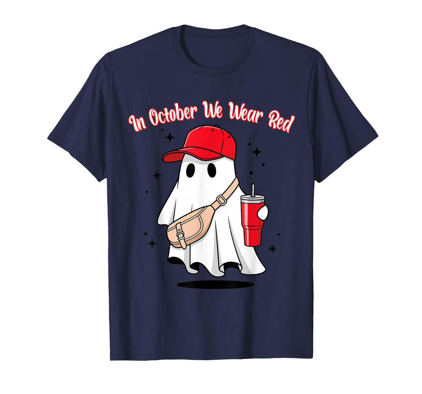 in October We Wear Red October Funny Ghost with Baseball Hat T-Shirt