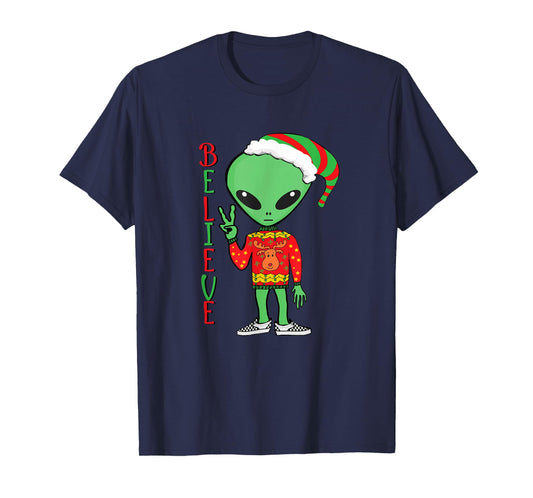 Funny Christmas Alien Ugly Sweater I Believe Santa Hat Gift T-Shirt